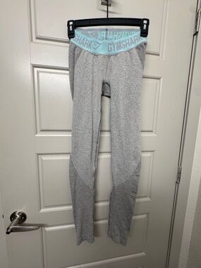 Gymshark Gray Leggings with Light Blue Logo Waistband